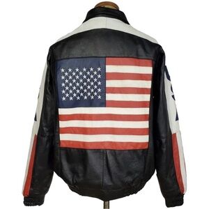 Vintage WILDA Men Genuine Leather Jacket USA American Flag Embroidered Size‎ XL